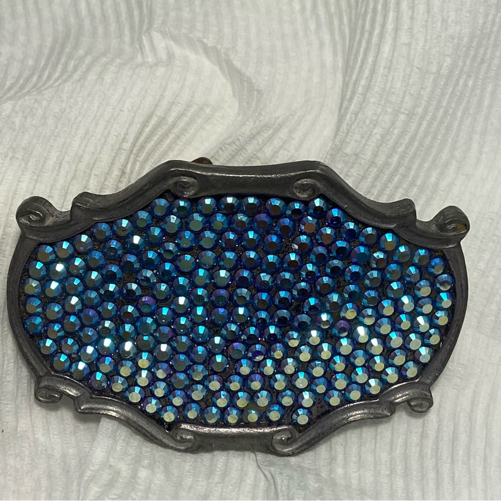 Vintage women’s Blue faceted Rhinestone Belt Buckle Made In USA 90s gray ornate - Picture 9 of 10